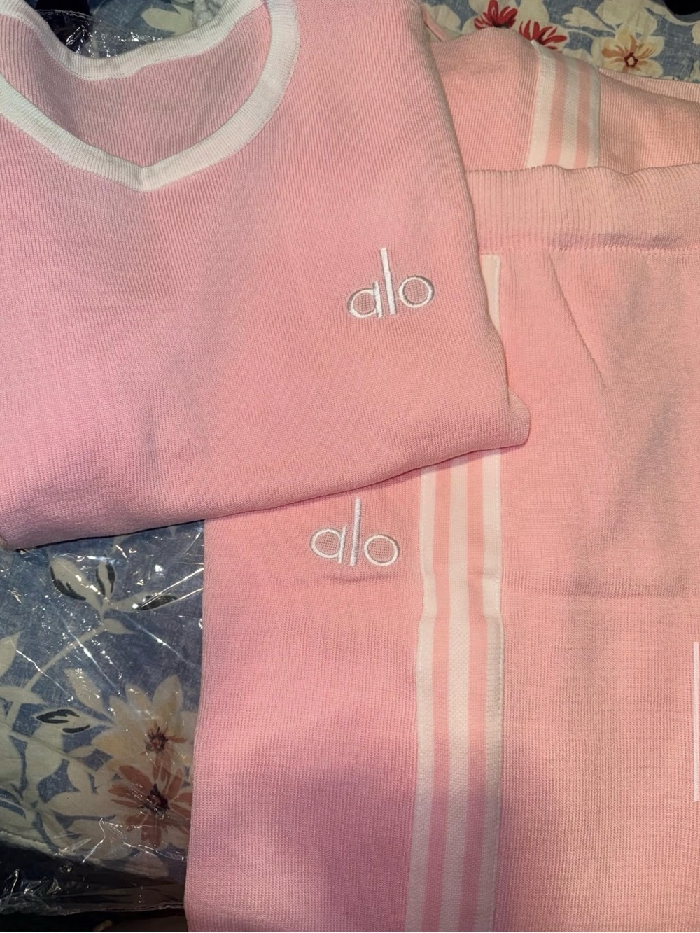 ALO Yoga Kids Pink Pajama Set with White Trim